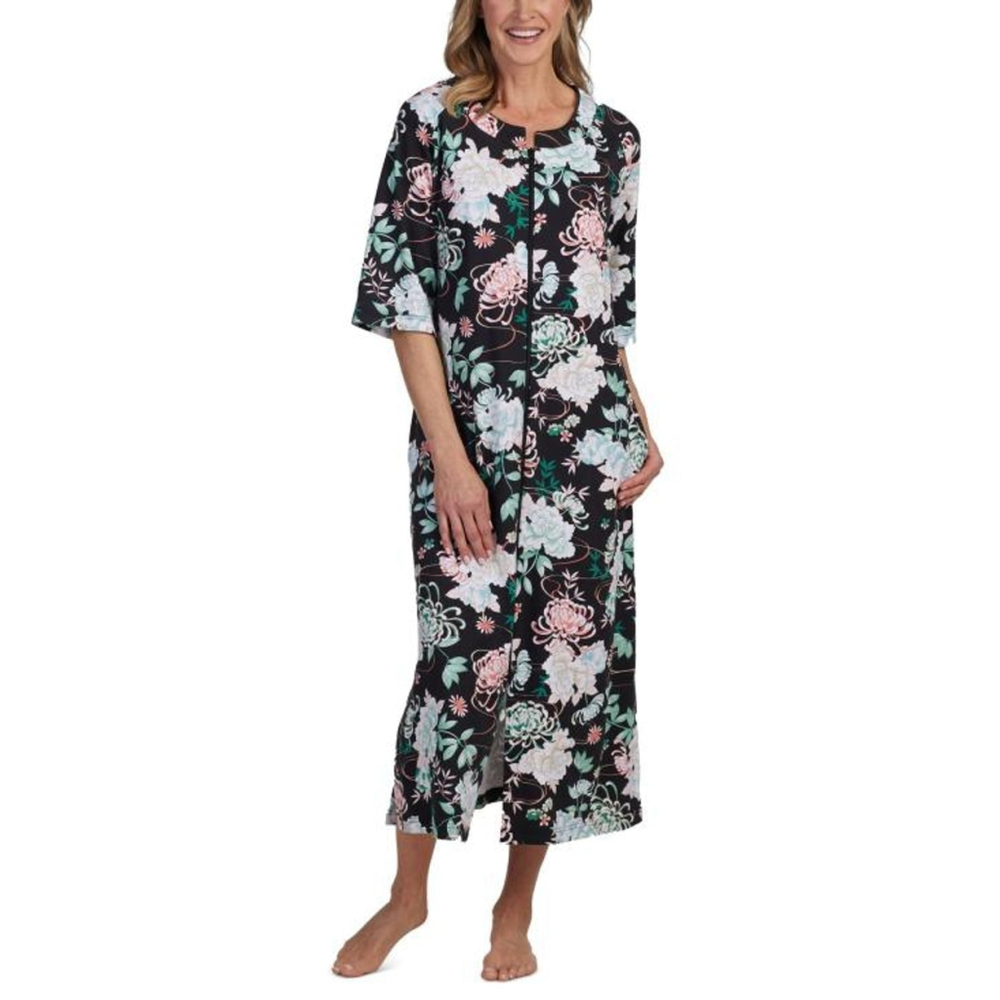 Miss Elaine Size Small Black Floral Printed 3/4-Sleeve Zip-Front Long Robe NWT